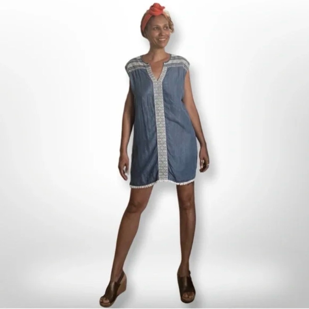 Chelsea & Theodore Lyocell Sleeveless Embroidered Denim look Indigo Tunic